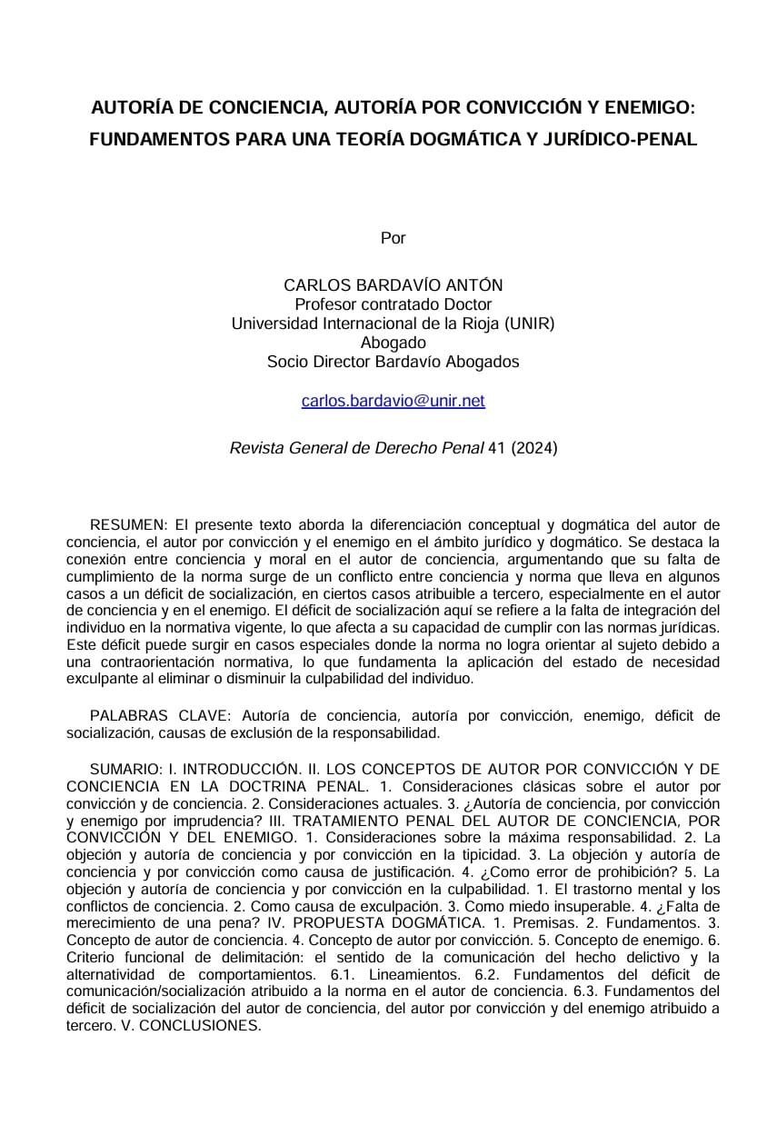 Artículo Autoría de conciencia autoría por convicción y enemigo